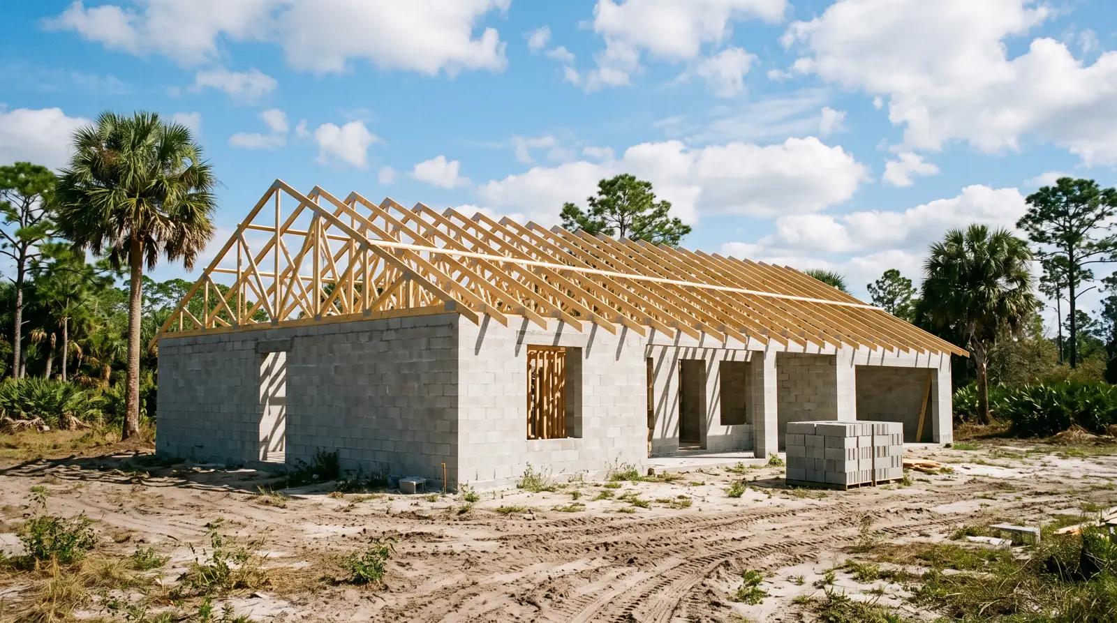 Concrete block home under construction in Florida